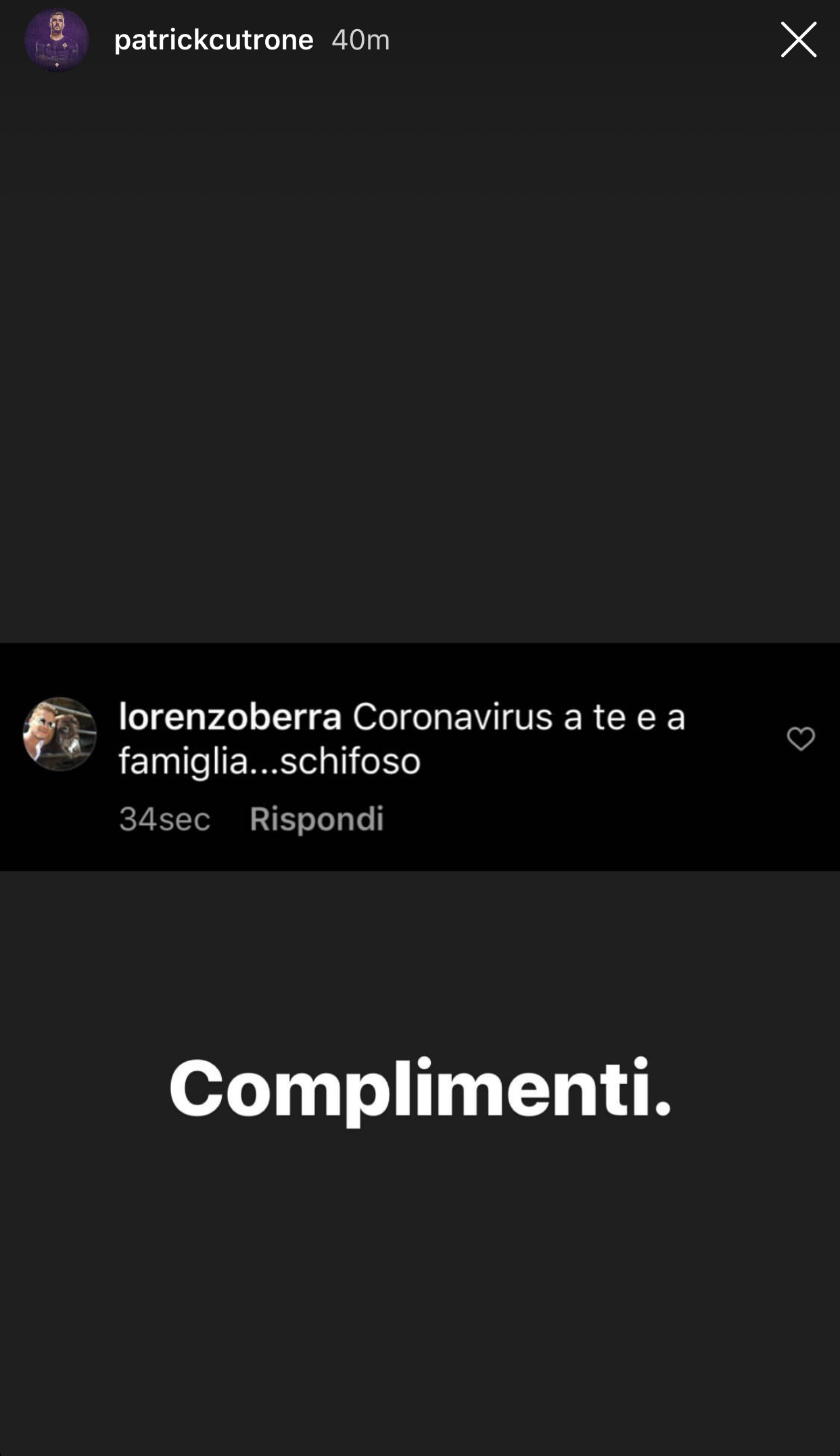 (FOTO): "Coronavirus a te e a famiglia... schifoso" questo il commento inviato a Cutrone da un tifoso