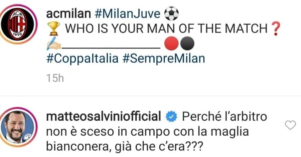 Salvini attacca l'arbitro Valeri: "Perchè non è sceso in campo con la maglia bianconera?"