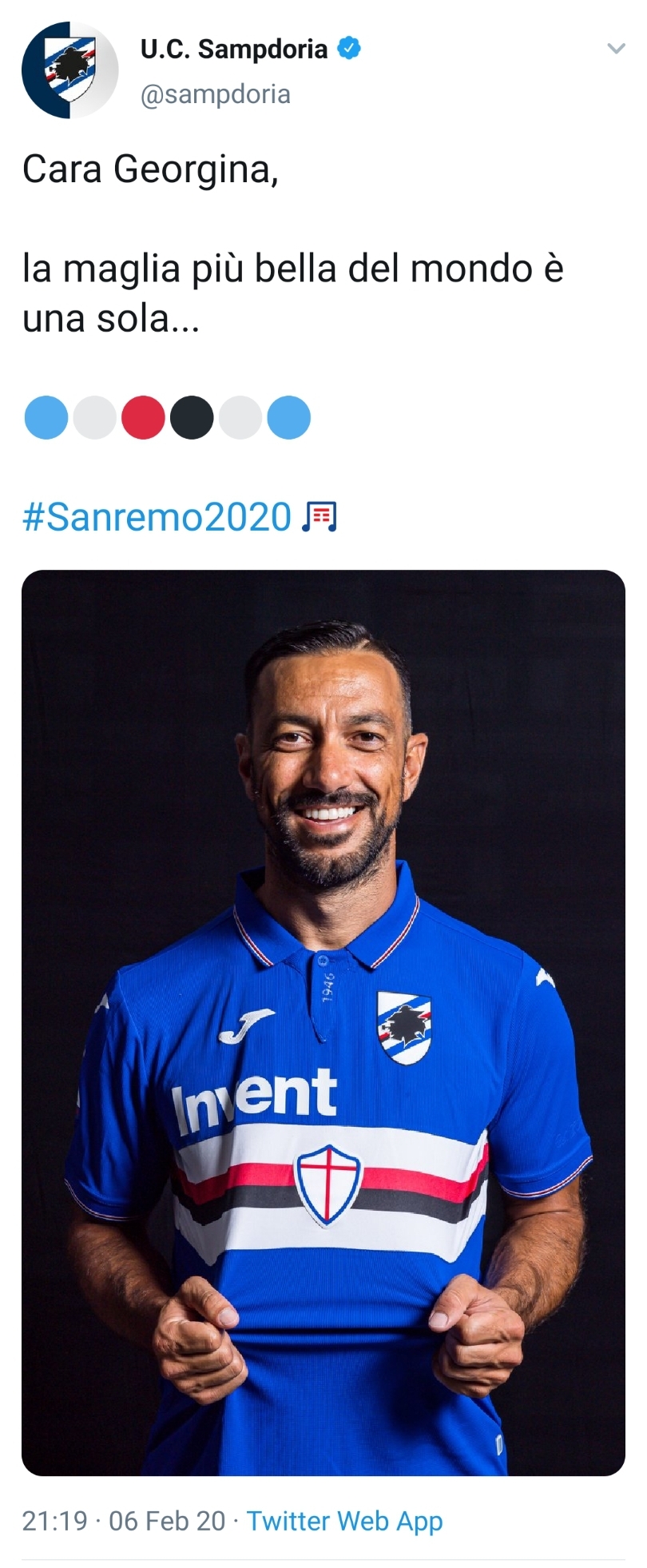 Georgina a Sanremo: "La maglia più bella del mondo? Quella della Juventus" e la Sampdoria risponde a tono...