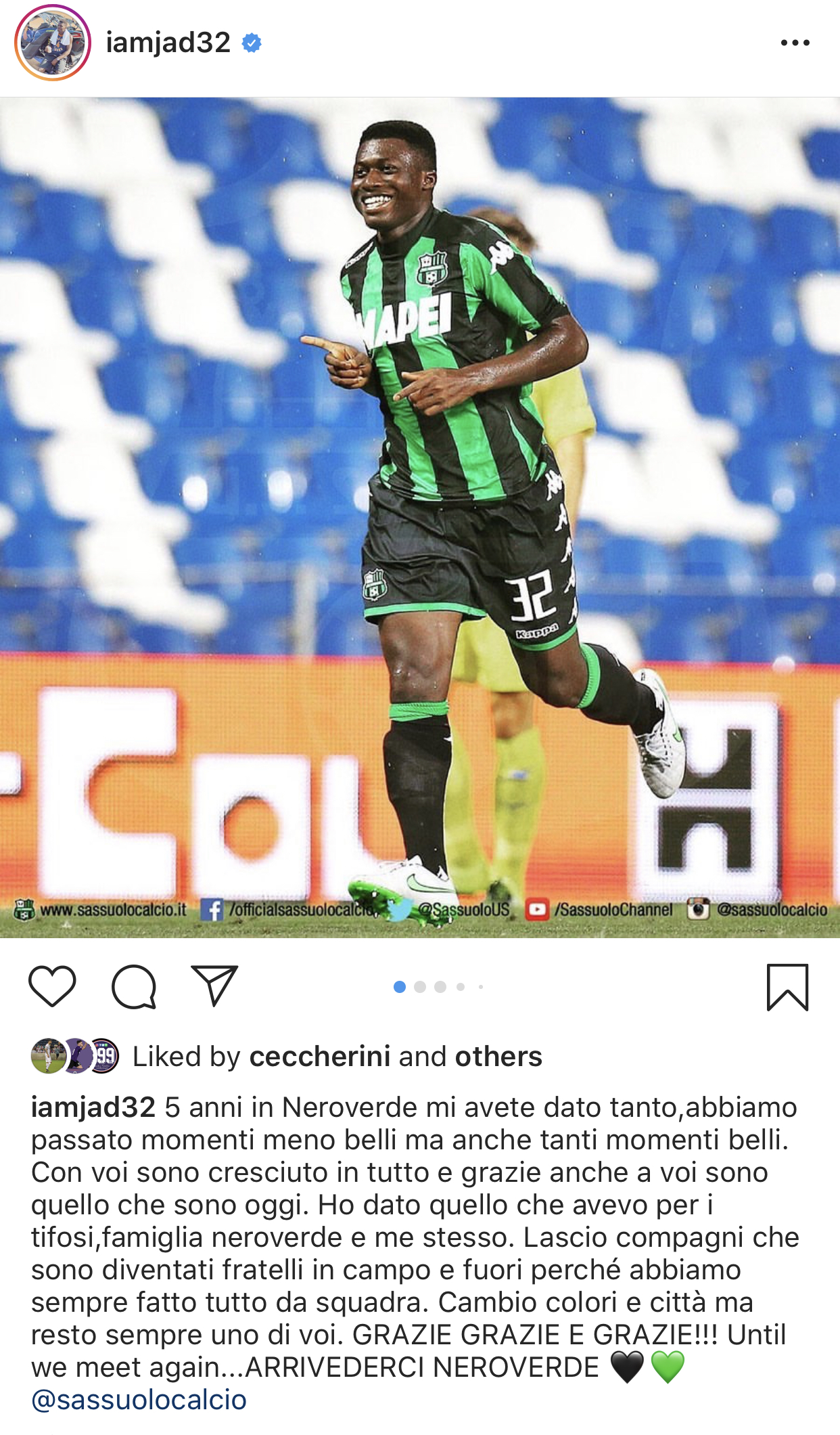 Duncan: "Grazie Sassuolo, lascio compagni che per me sono fratelli. Arrivederci neroverde"