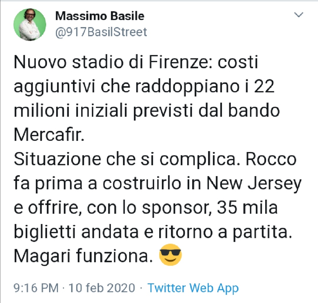 Basile: "Nuovo stadio di Firenze: costi aggiuntivi che raddoppiano i 22 milioni dal bando Mercafir"