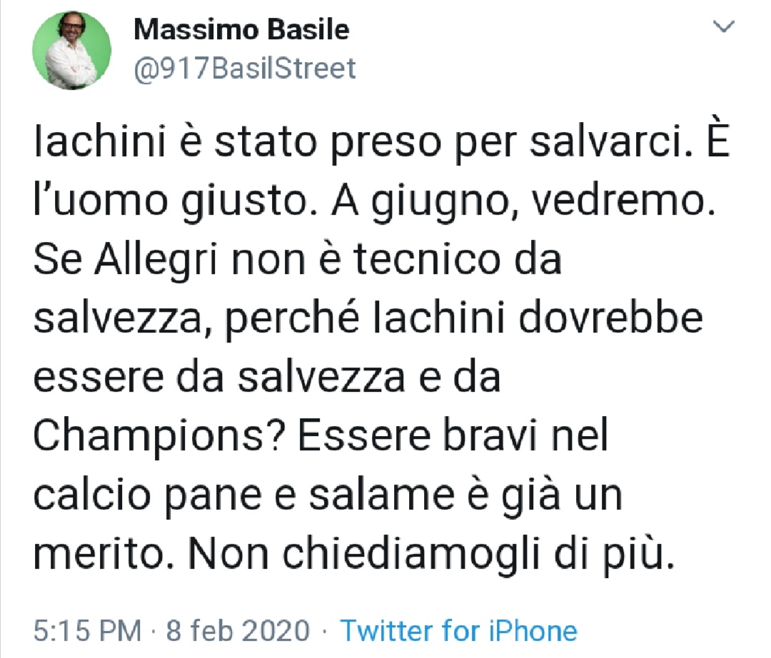 Basile: "Iachini è stato preso per salvarci. È l'uomo giusto. Non chiediamogli di più"