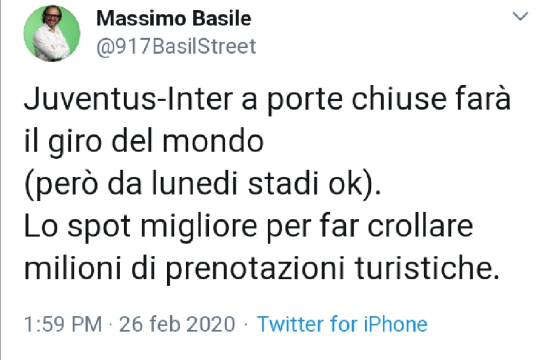 Basile: "Juventus-Inter a porte chiuse farà il giro del mondo. Crolleranno milioni di prenotazioni turistiche"