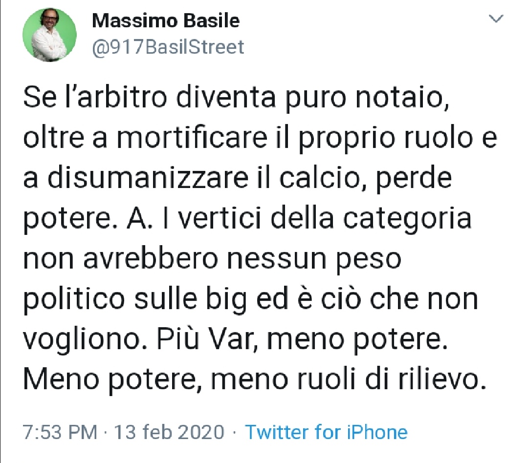 Basile: "Se l'arbitro diventa puro notaio oltre a mortificare il proprio ruolo perde potere"