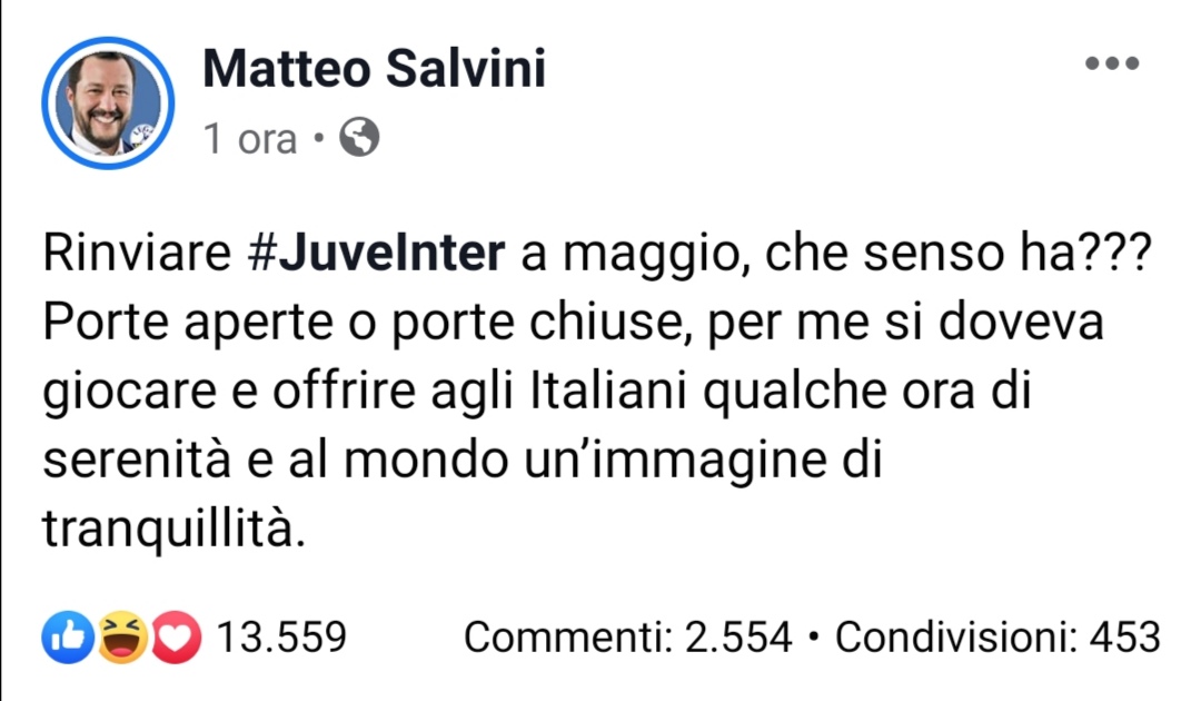 Salvini: "Che senso ha rinviare Juventus-Inter a maggio? Si doveva dare un'immagine tranquilla dell'Italia"
