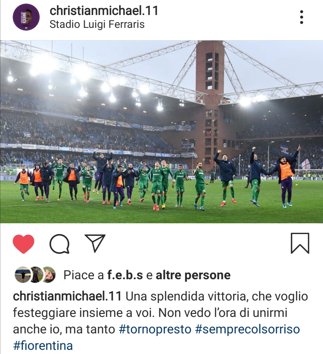 Kouamé: "Una splendida vittoria da festeggiare insieme a voi. Non vedo l'ora di unirmi anch'io, ma tanto"