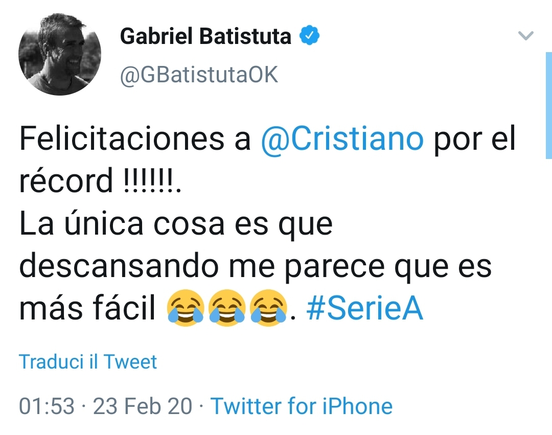 Batistuta punge Ronaldo: "Record raggiunto? Si ma con riposo" mentre Batigol non si fermò nessuna partita