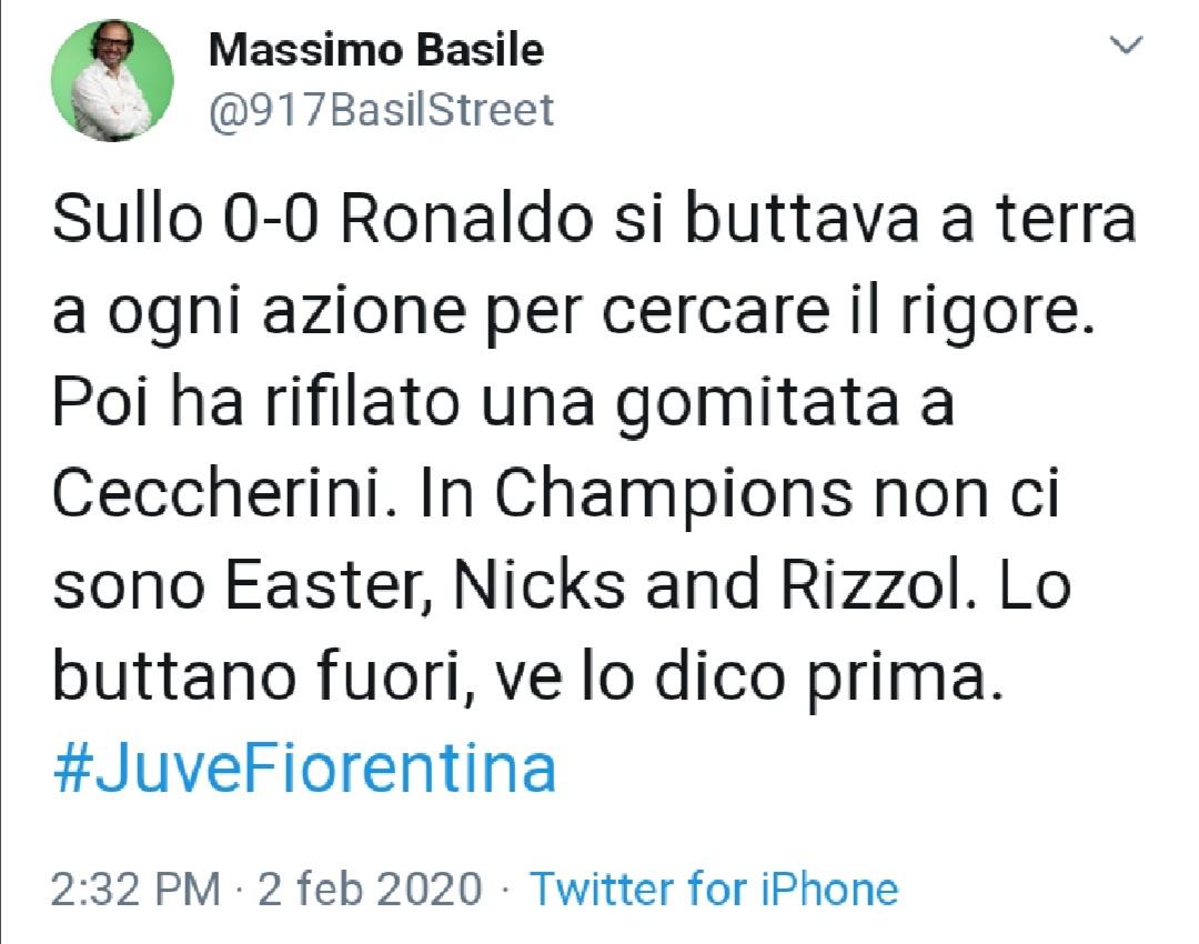 Basile: "Sullo 0-0 Ronaldo si buttava a terra ad ogni azione per cercare il contatto per il rigore"