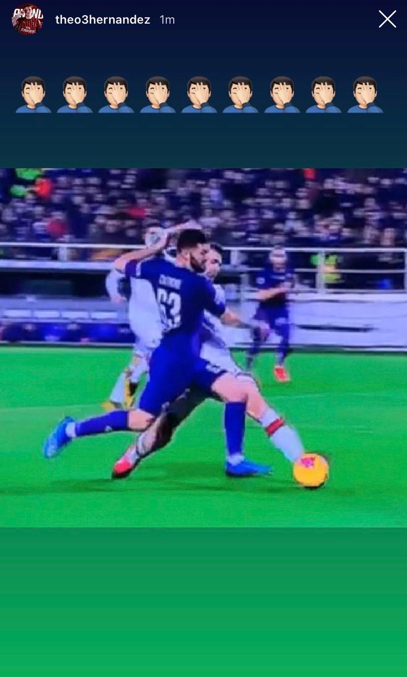 (FOTO): Theo Hernandez su Instagram posta lo screenshot del rigore su Cutrone con una emoticon