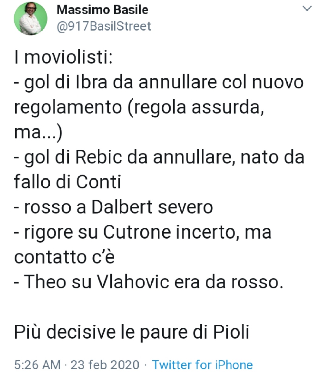 Basile: "Il gol di Ibra è da annullare con il nuovo regolamento e anche il gol di Rebic da annullare nato dal fallo di Conti"