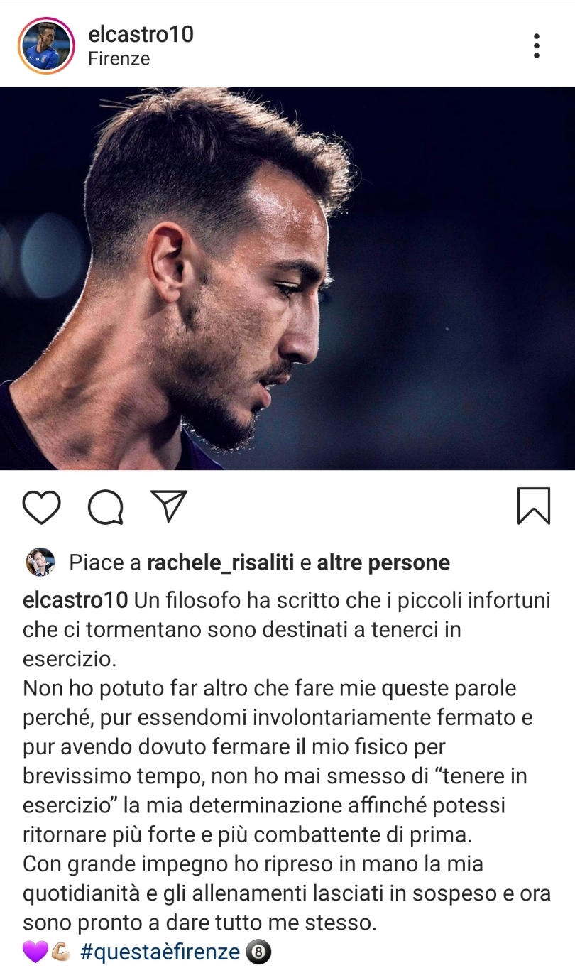 Castrovilli scrive: "Adesso sono pronto a dare tutto me stesso. Questo periodo di riposo forzato mi ha tenuto in esercizio"