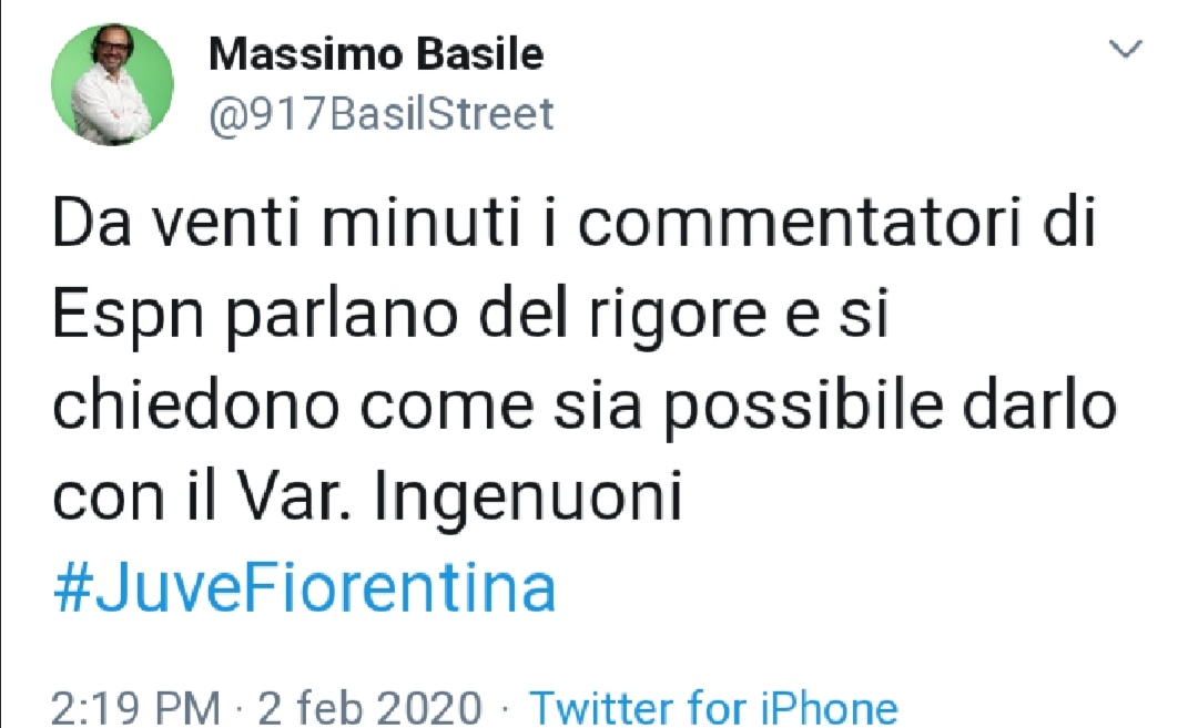 Basile: "I commentatori di Espn si chiedono da venti minuti come sia possibile dare il rigore alla Juve"