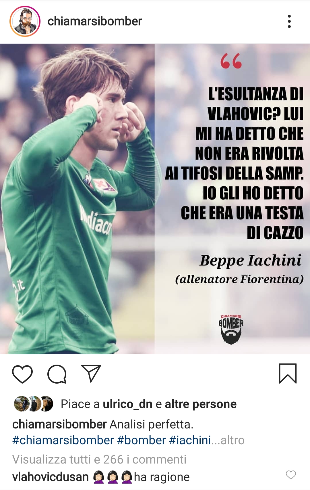 Vlahovic commenta le parole di Iachini. "Ho detto a Vlahovic che è una testa di ca**o" Dusan scrive: "Ha ragione"