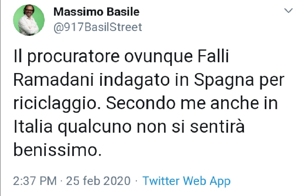 Basile: "Il procuratore Ramadani è indagato in Spagna per riciclaggio. Qualcuno in Italia non si sentirà benissimo"