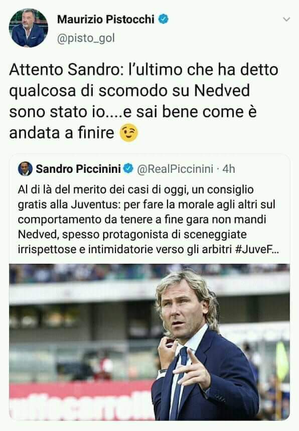 Pistocchi mette in guardia Piccinini: "Stai attento Sandro, ci si rimette a parlare di Nedved.."