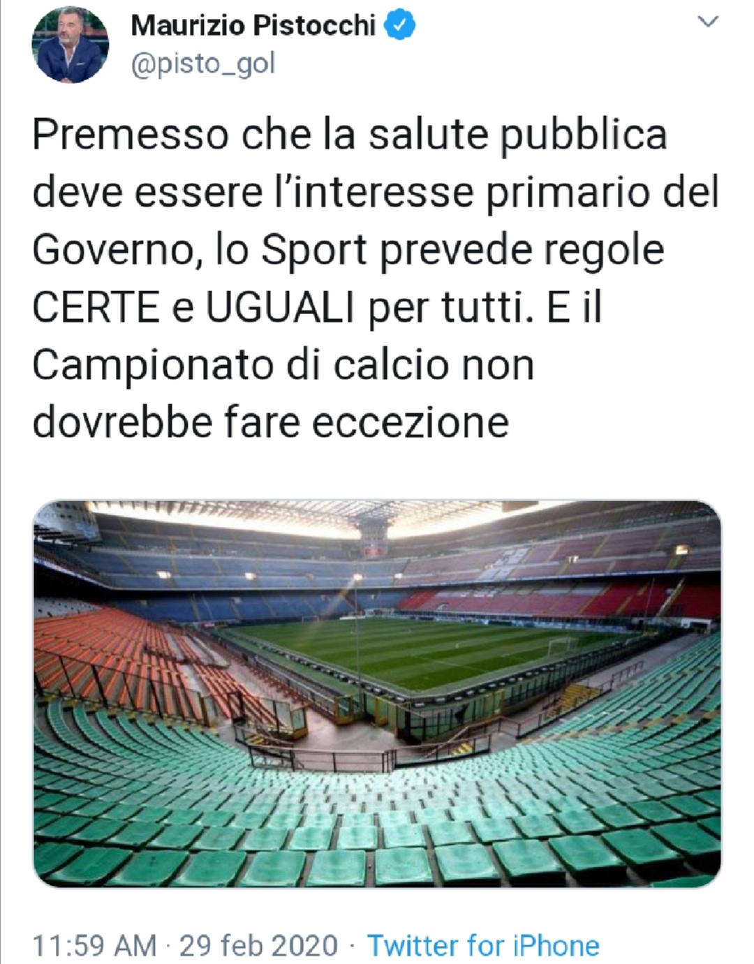 Pistocchi: "Lo sport prevede regole certe e uguali per tutti. E il campionato di calcio non dovrebbe fare eccezione"