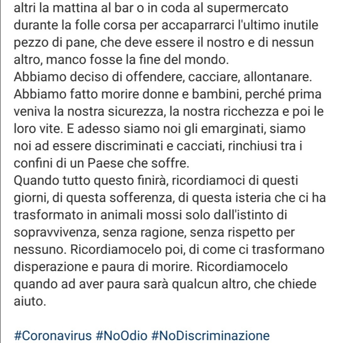 Bernardeschi : "Il coronavirus ci terrorizza, limita la nostra libertà, ci fa dispezzare l'altro"