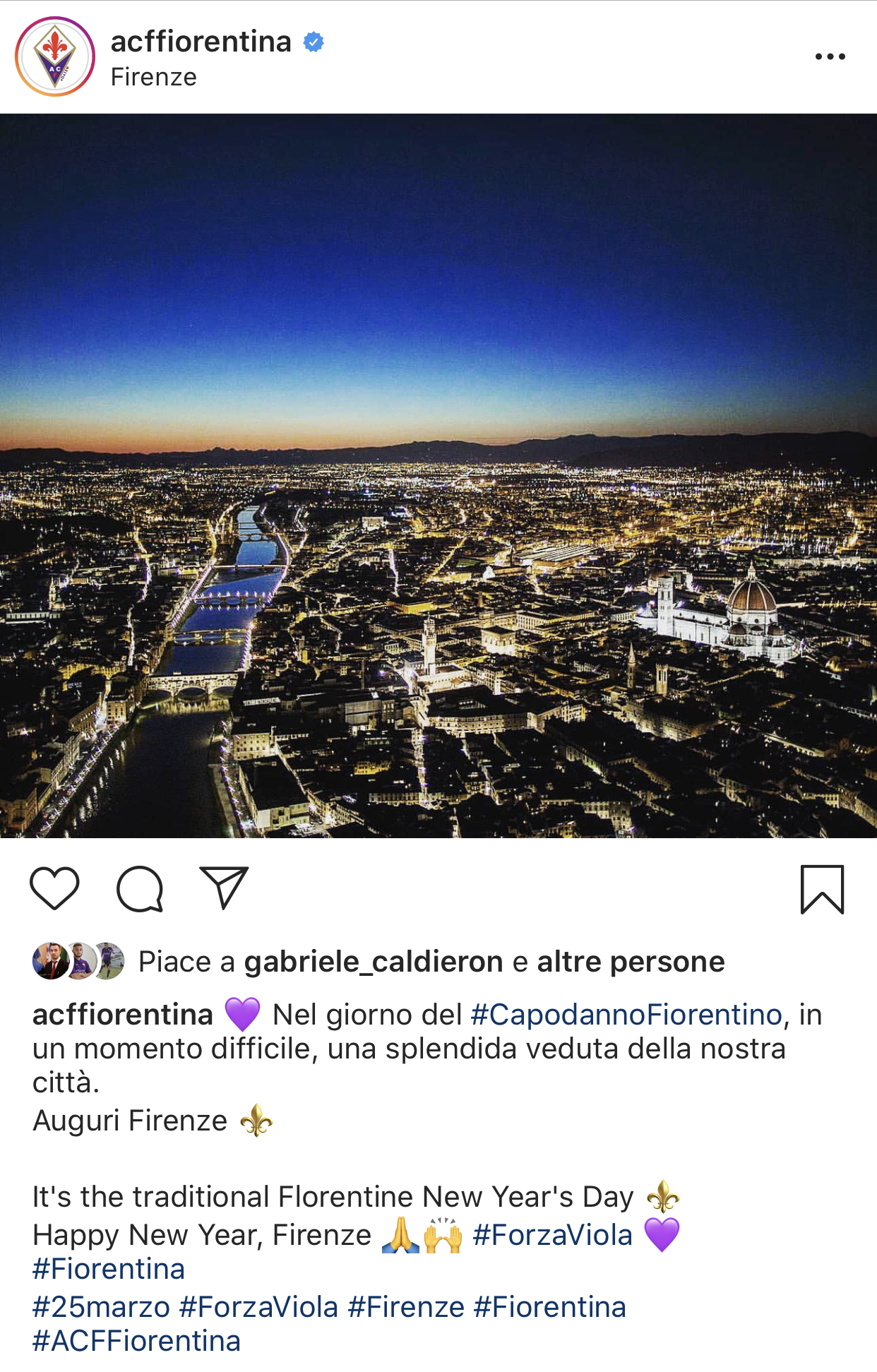 Gli auguri della Fiorentina: "Con una splendida veduta della città, in un momento difficile, auguri Firenze"