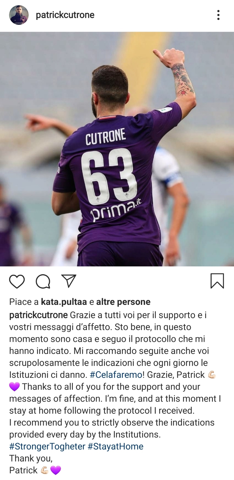 Cutrone: "Grazie a tutti per l'affetto. Sto bene e sono a casa per seguire le indicazioni. Ce la faremo!"