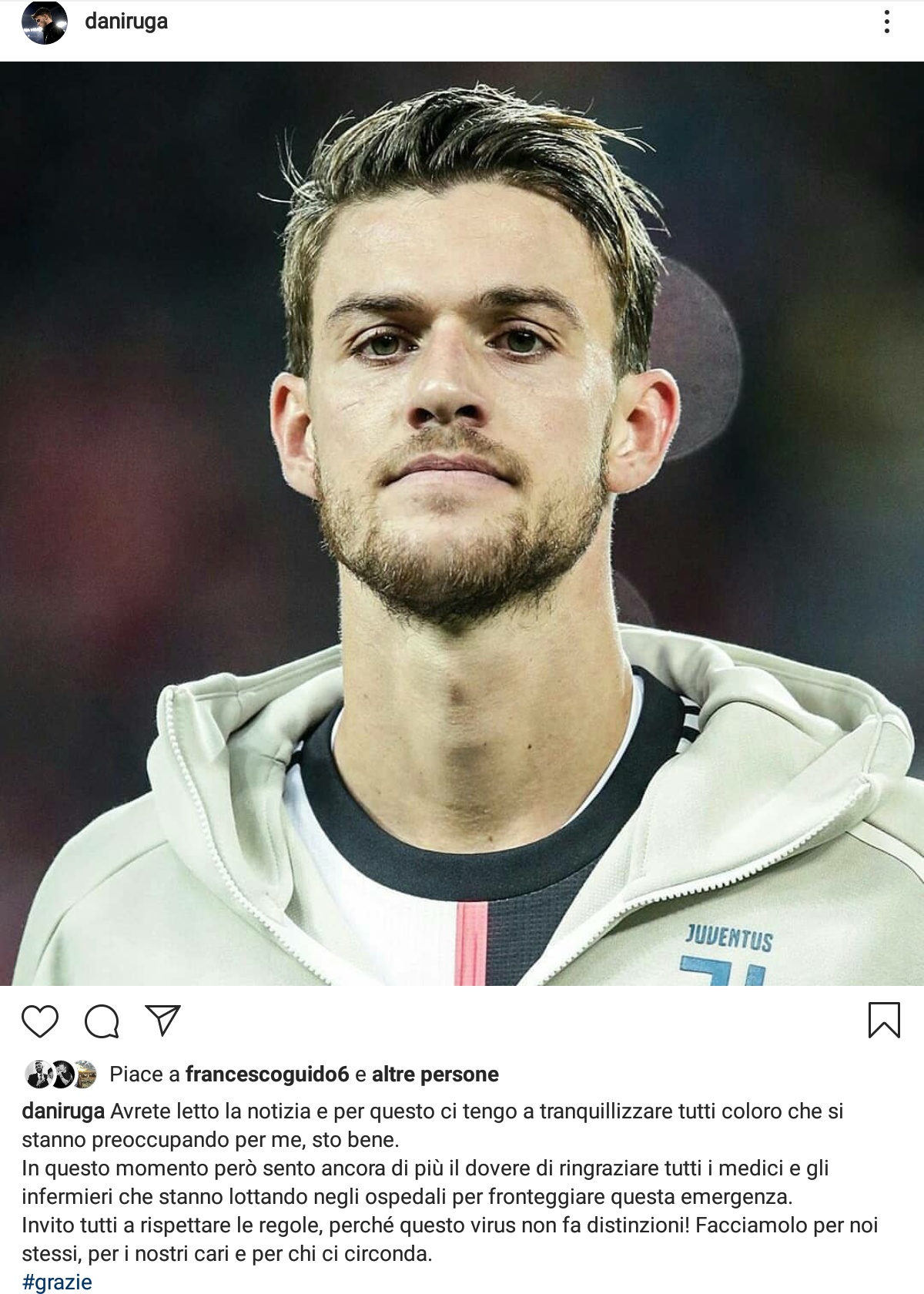 Rugani scrive: "Grazie a tutti, seguiamo le disposizioni che ci danno perché questo virus non risparmia nessuno"