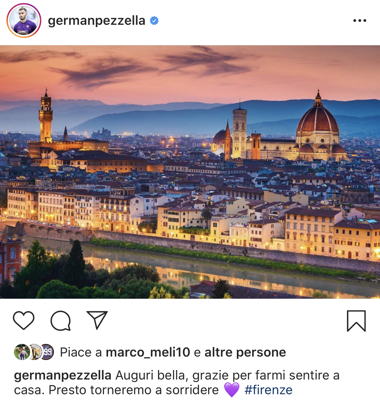 Pezzella a Firenze: "Auguri bella, grazie per farmi sentire a casa. Presto torneremo a sorridere"