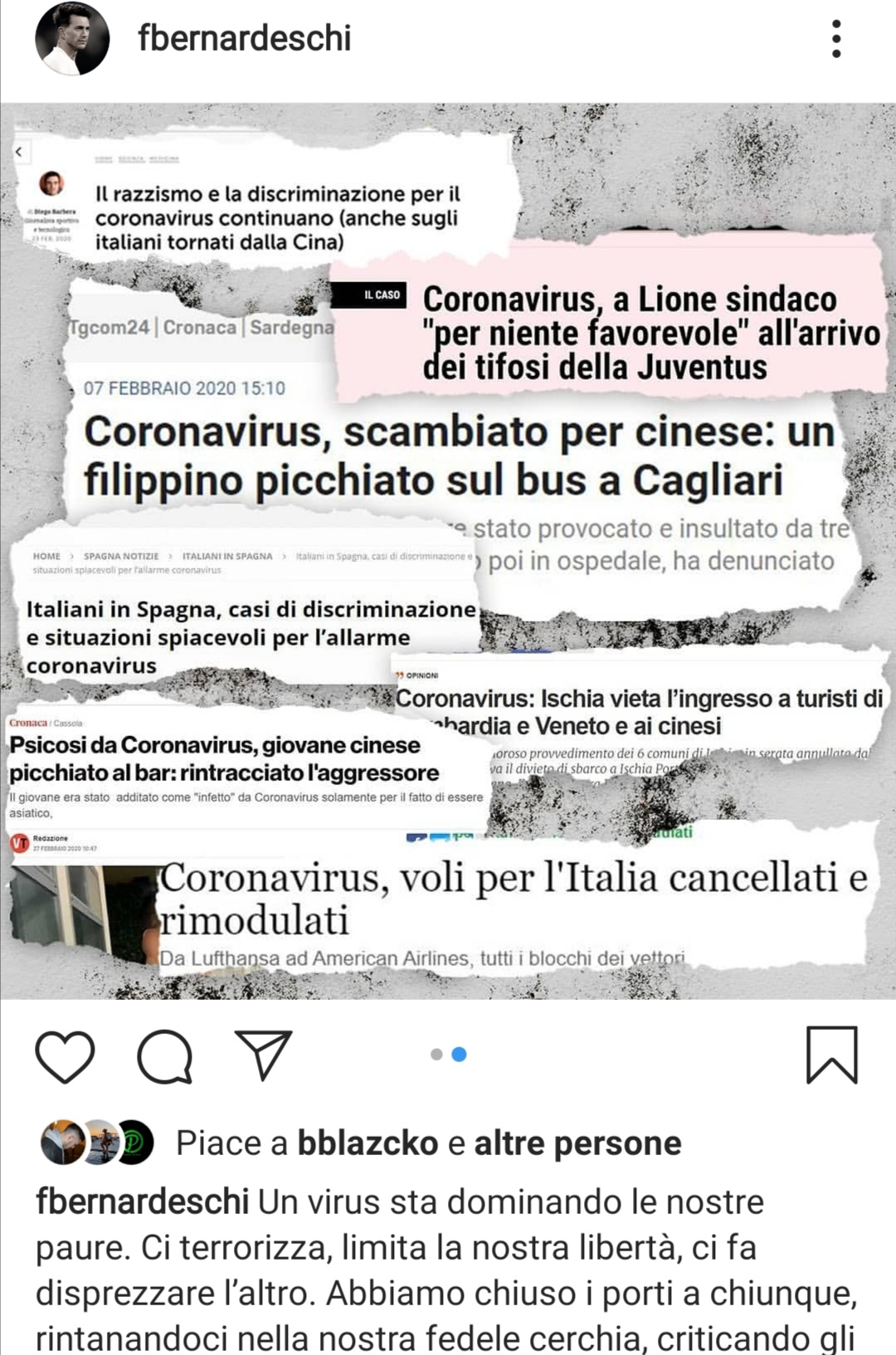 Bernardeschi : "Il coronavirus ci terrorizza, limita la nostra libertà, ci fa dispezzare l'altro"