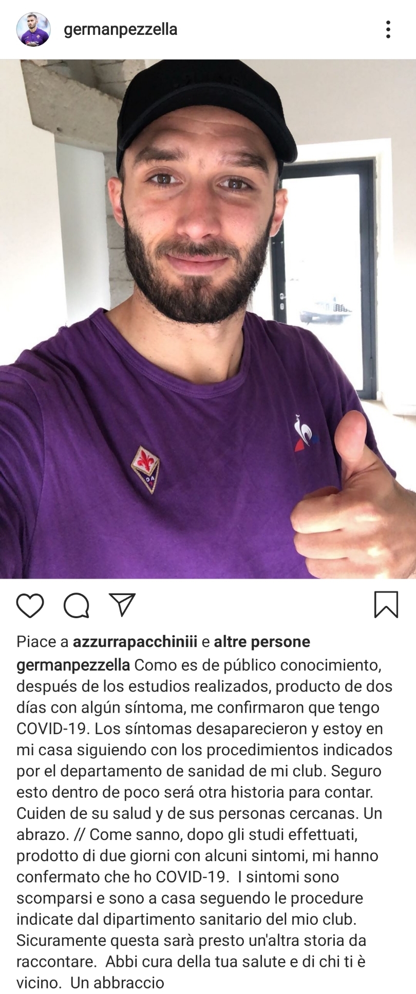 Pezzella positivo: "Per due giorni ho avuto sintomi. Adesso sto bene, passaremo anche questa. Abbiamo cura di noi"
