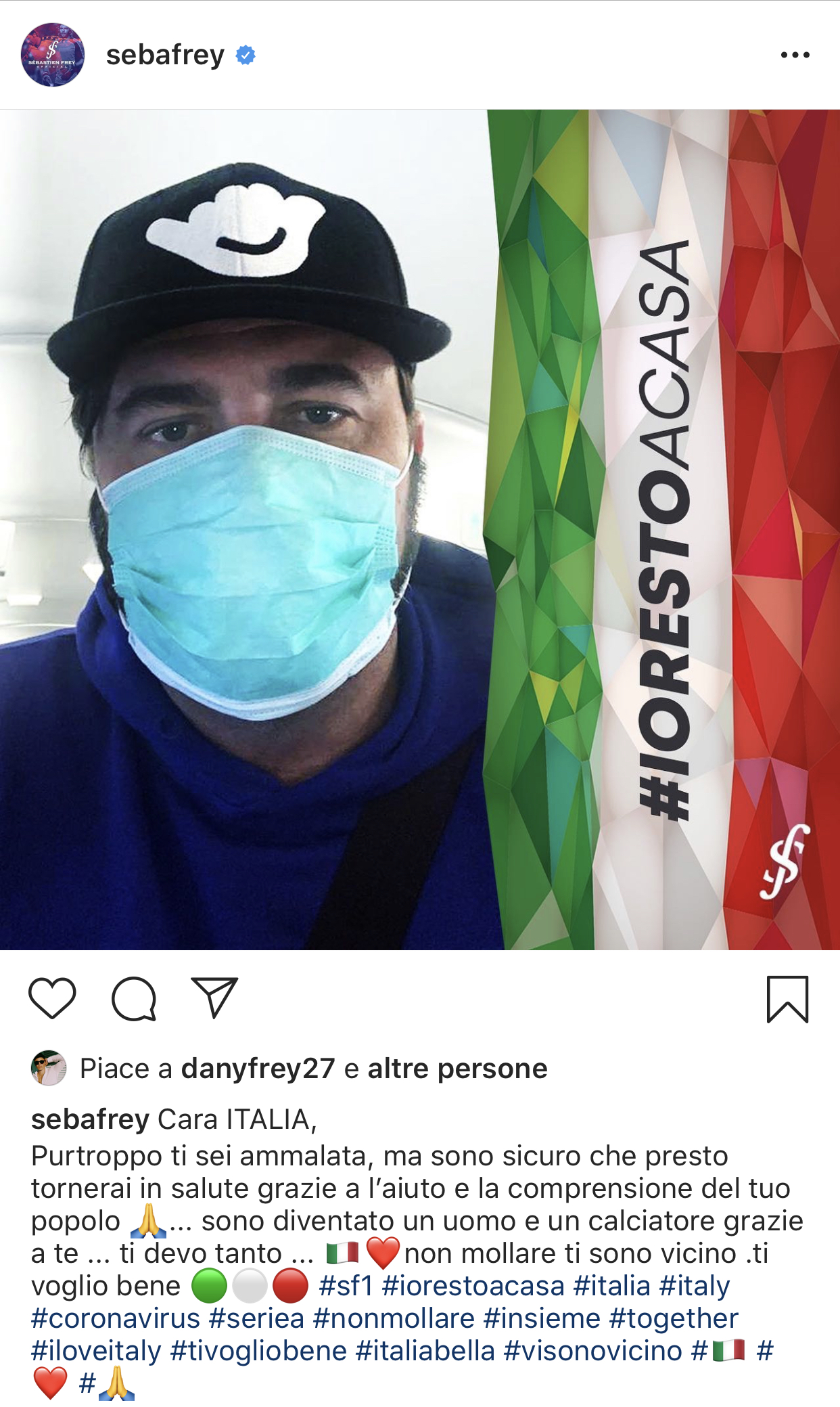 Frey lancia un messaggio d'amore: "Grazie Italia ti devo tanto, presto tornerai in salute... non mollare"