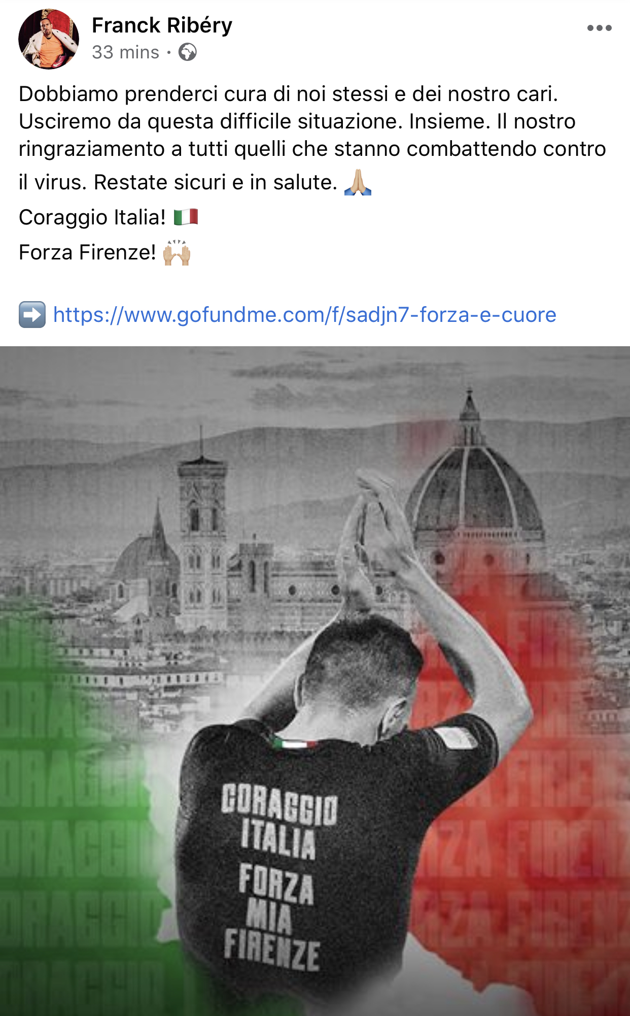 Il cuore e la dolcezza di Ribéry: "Grazie a chi combatte contro il virus. Forza mia Firenze! Coraggio Italia!"