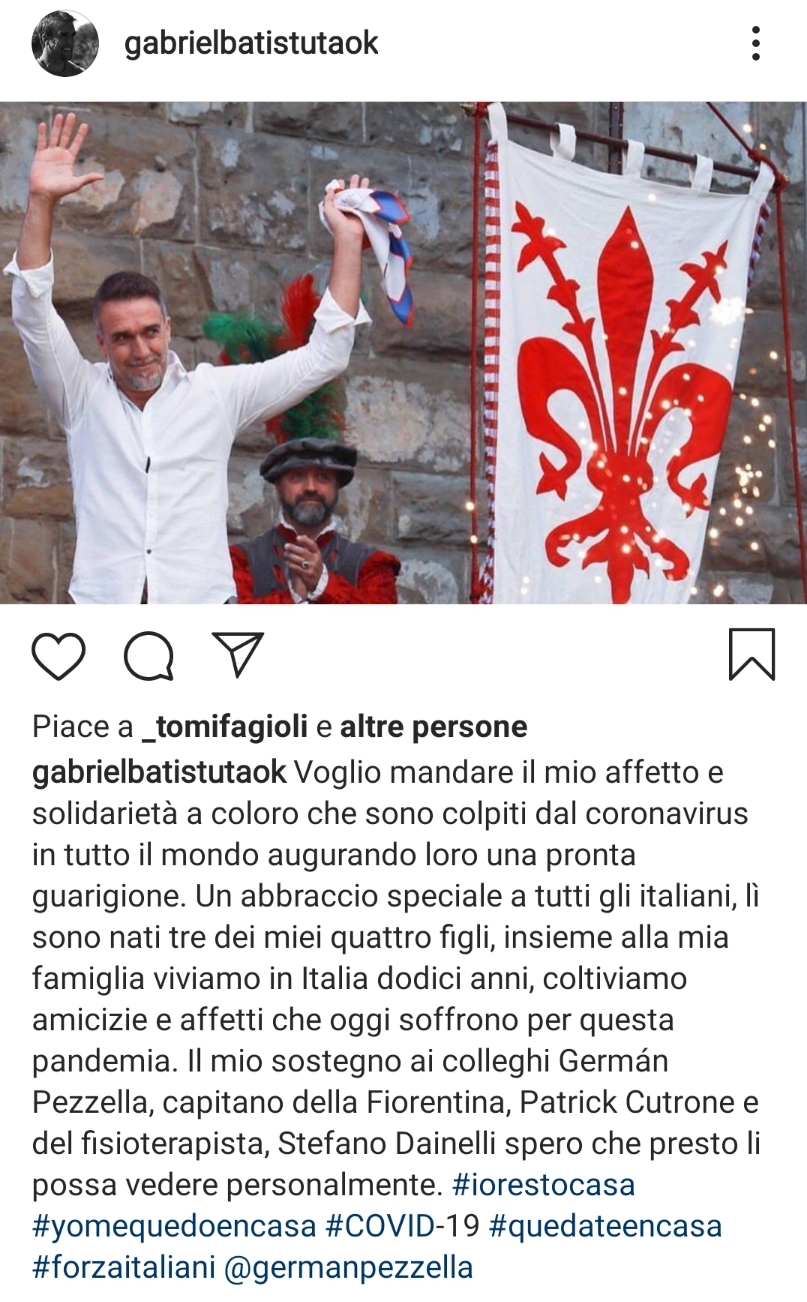 Batistuta e il suo pensiero verso l'Italia: "Un abbraccio speciale a tutti gli italiani. Il mio sostegno alla Fiorentina"