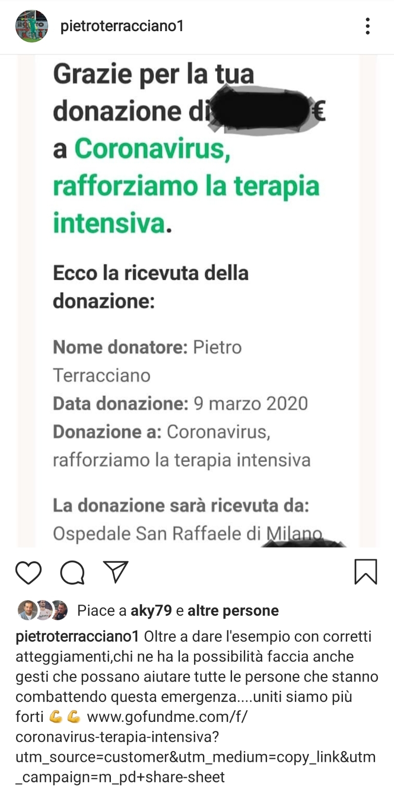 Il portiere della Fiorentina Terracciano raccoglie l'appello di Fedez e Chiara Ferragni. Donati soldi al San Raffaele