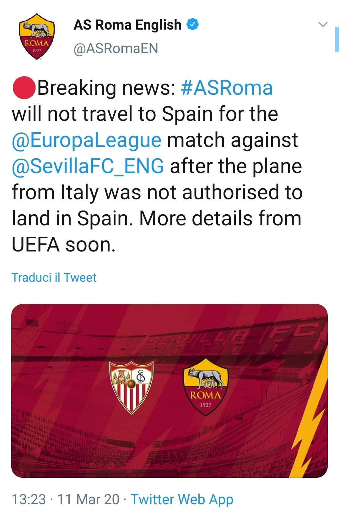 La Roma non potrà giocare gli ottavi di Europa League. Impossibile raggiungere la Spagna. L'annuncio