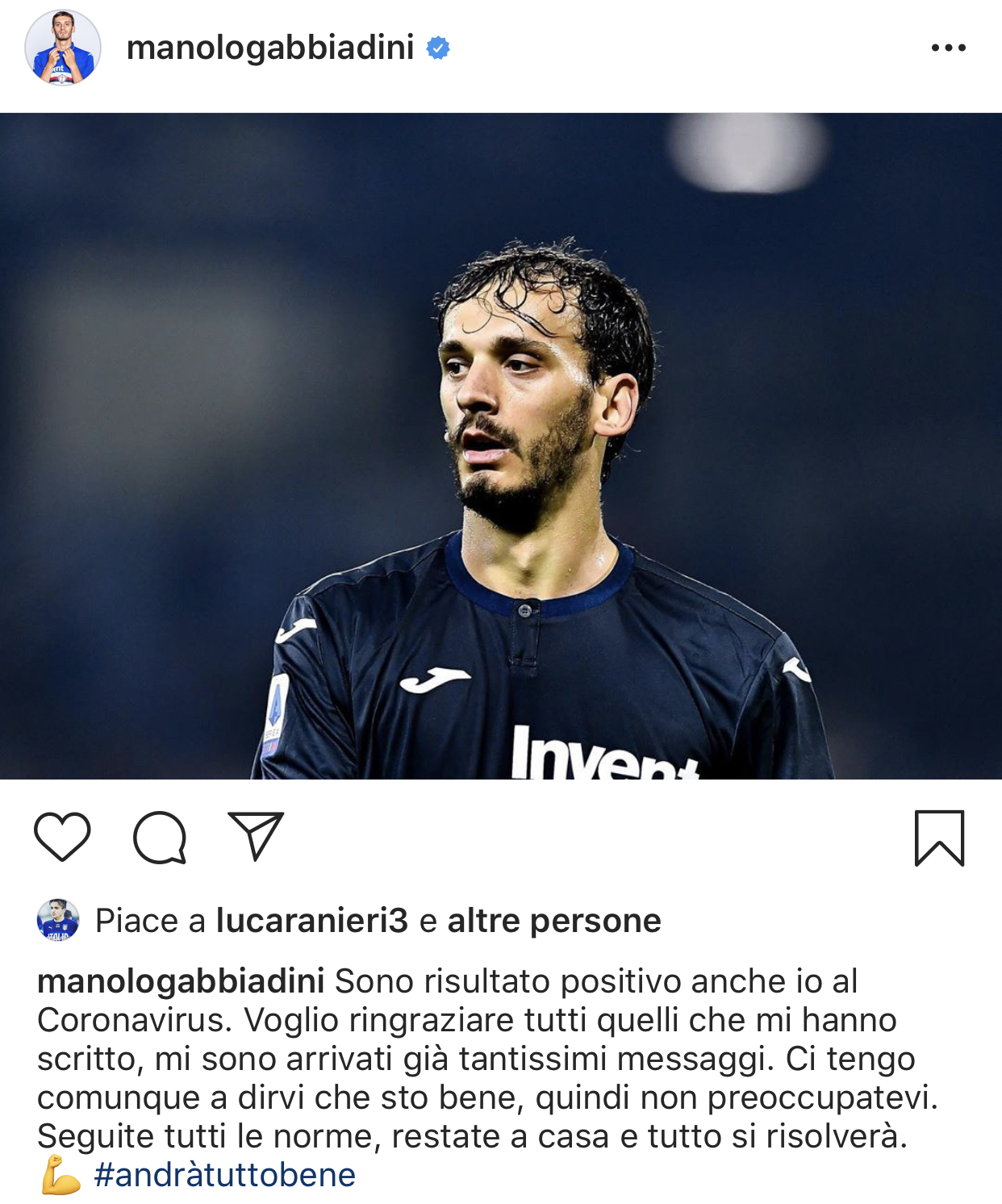 Gabbiadini scrive: "Ringrazio tutti, seguite le norme, restate a casa e si risolverà tutto"