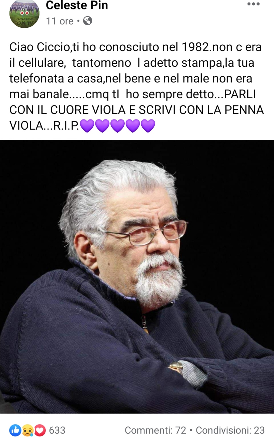 Pin: "Ciao Sandro, ti ho conosciuto nel 1982. La tua telefonata a casa non era mai banale"