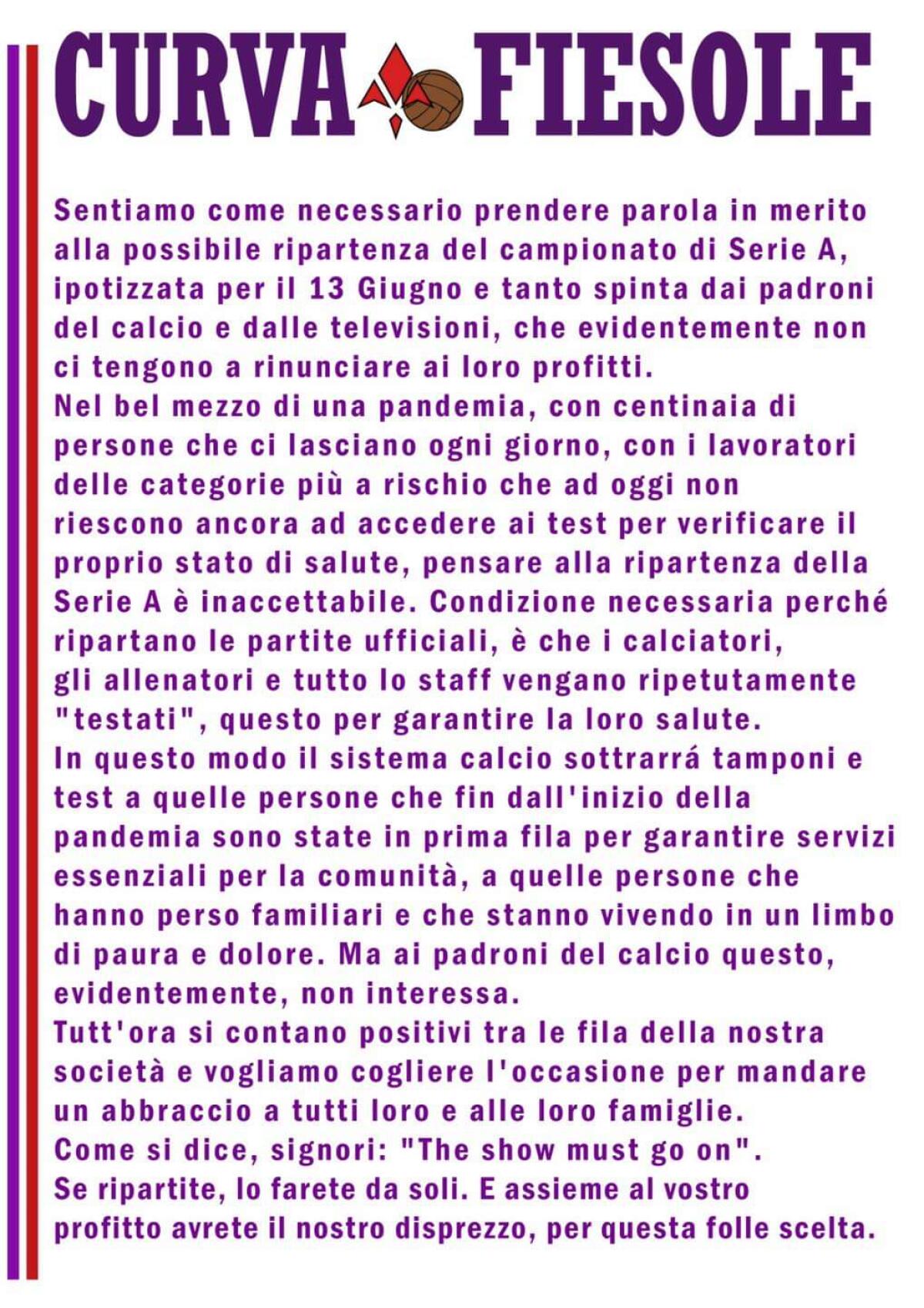 Comunicato Curva Fiesole: "Pensare alla ripartenza della Serie A è inaccettabile" - 