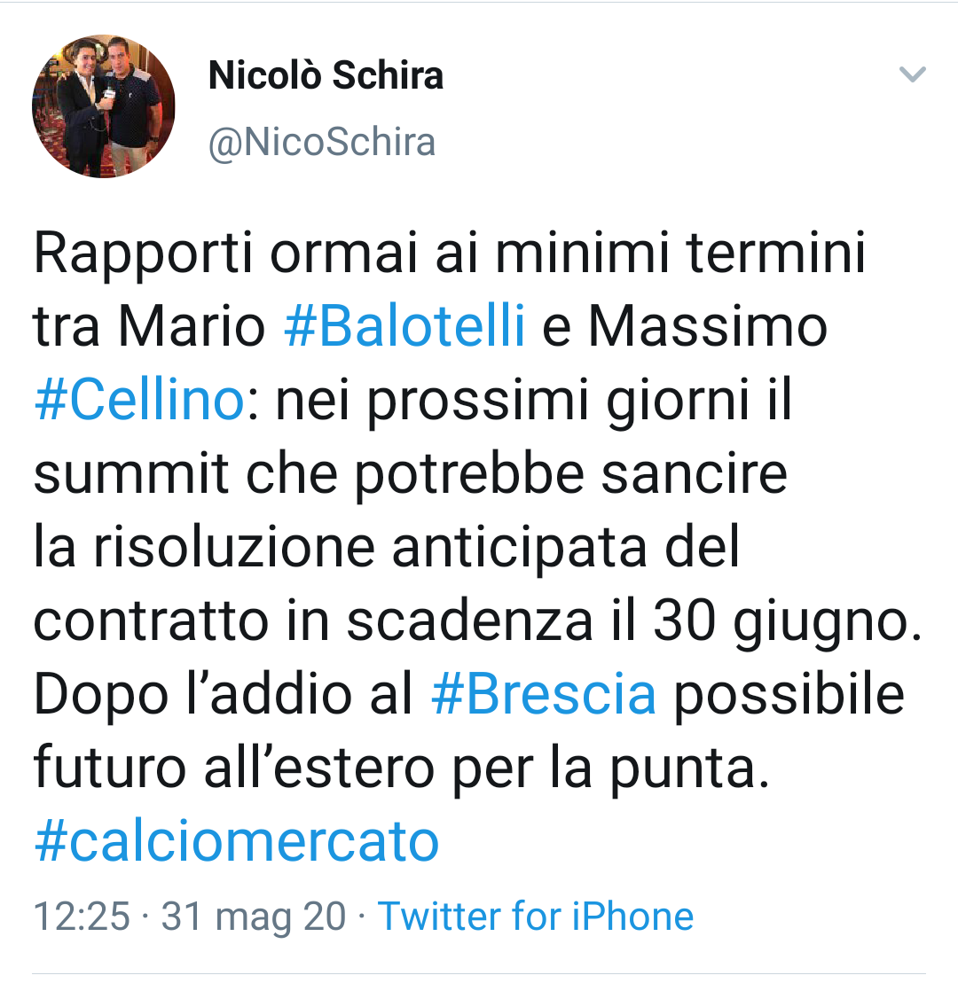 Schira: "Balotelli e Cellino: nei prossimi giorni il summit per sancire la risoluzione consensuale anticipata del contratto"