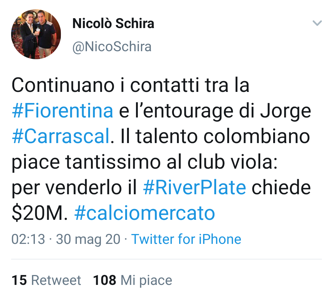 Schira: "Continuano i contatti tra la Fiorentina e l'entourage di Carrascal. Il River Plate chiede..."