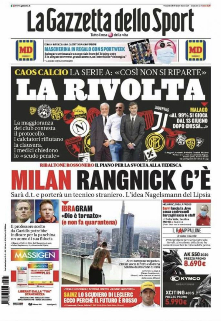 (FOTO), Gazzetta in prima: “La rivolta” maggioranza dei club contro il protocollo. I calciatori contrari alla clausura
