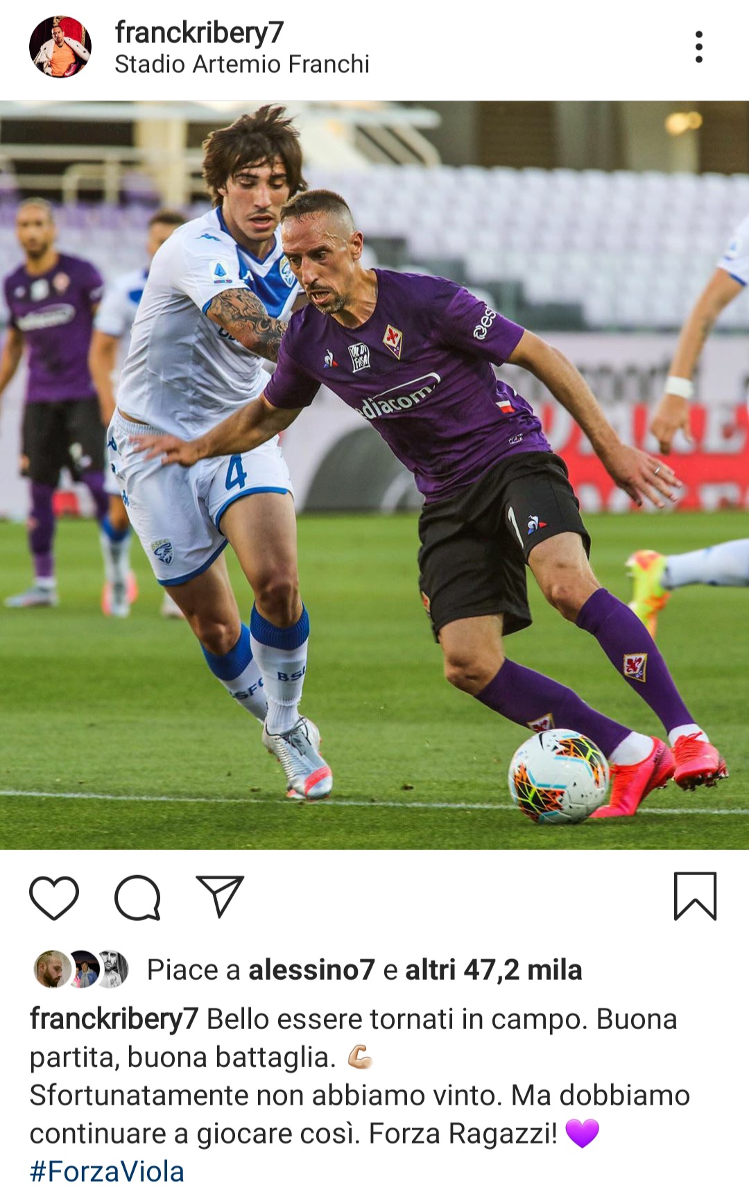 Ribery: "Bello tornare in campo. Noi sfortunati, dobbiamo continuare a giocare così. Forza viola"