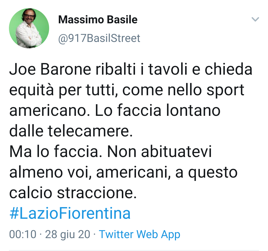 Basile: "Joe Barone ribalta i tavoli e chiede equità, come nello sport americano"