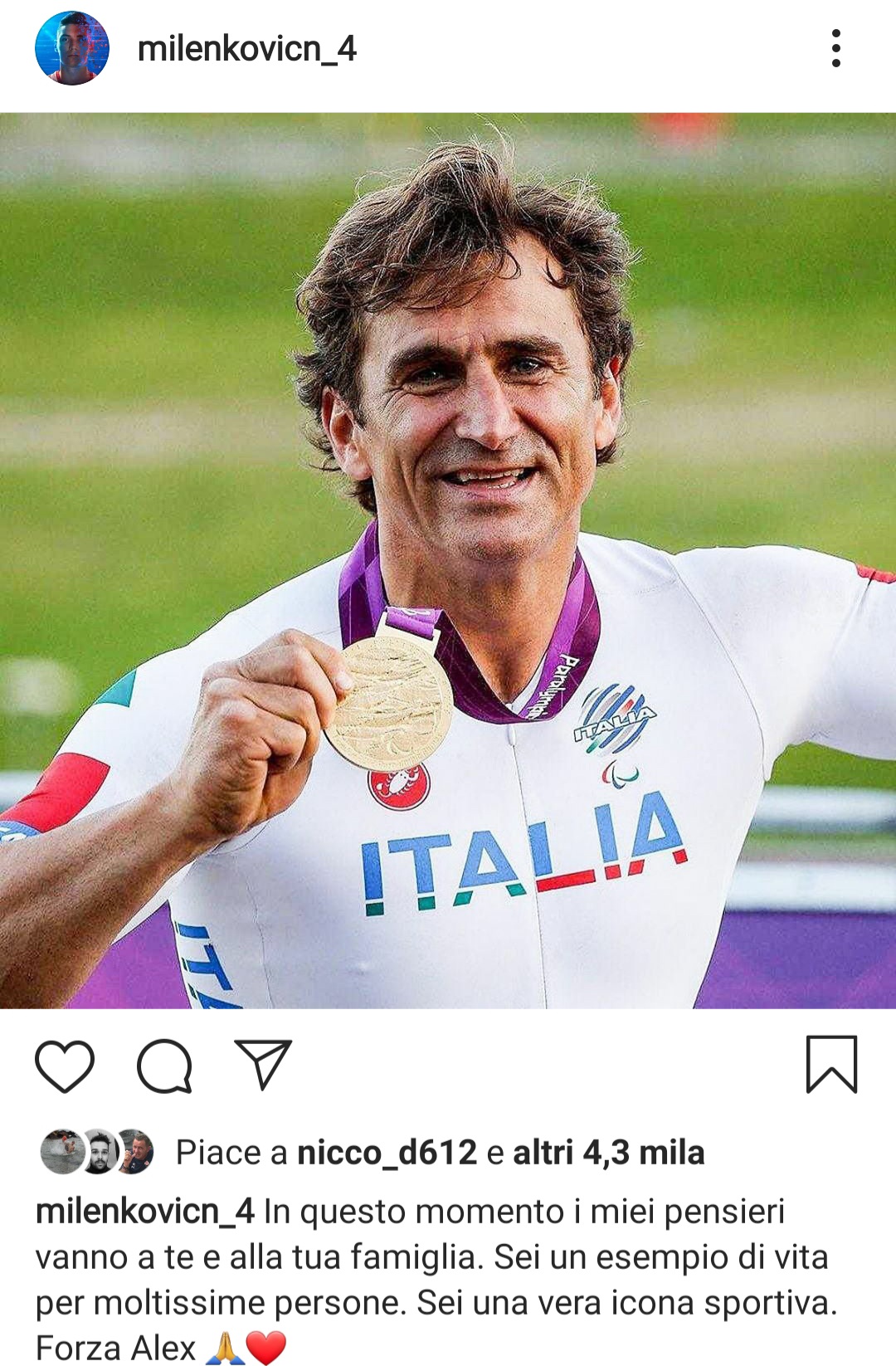 Milenkovic su Zanardi: "Il mio pensiero va alla tua famiglia. Se un esempio di vita per molti di noi"