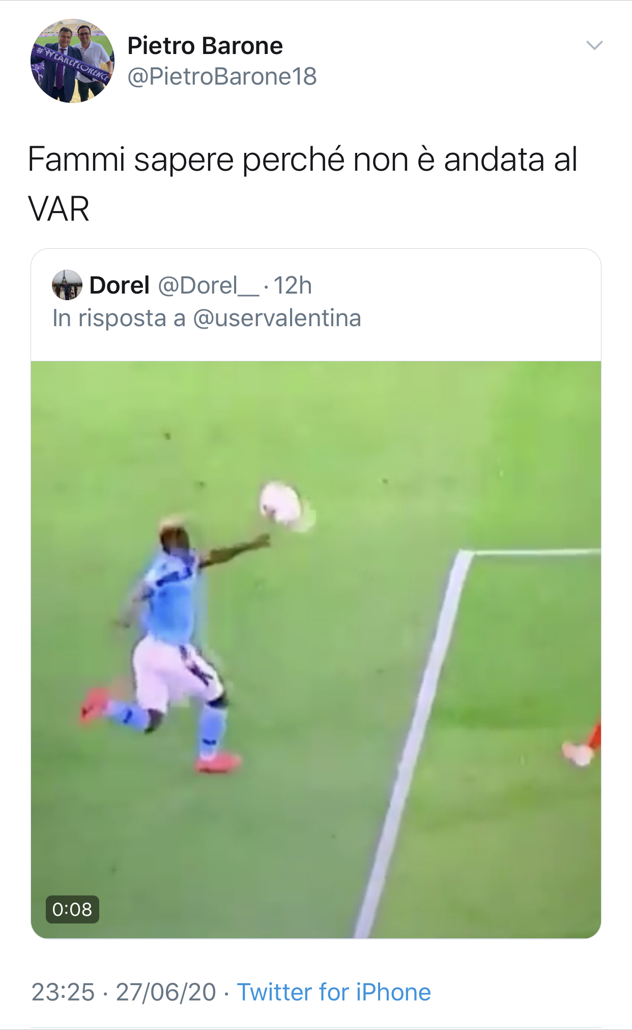 Il figlio di Barone: “Davvero una vergogna. Perché non è andato al Var?”