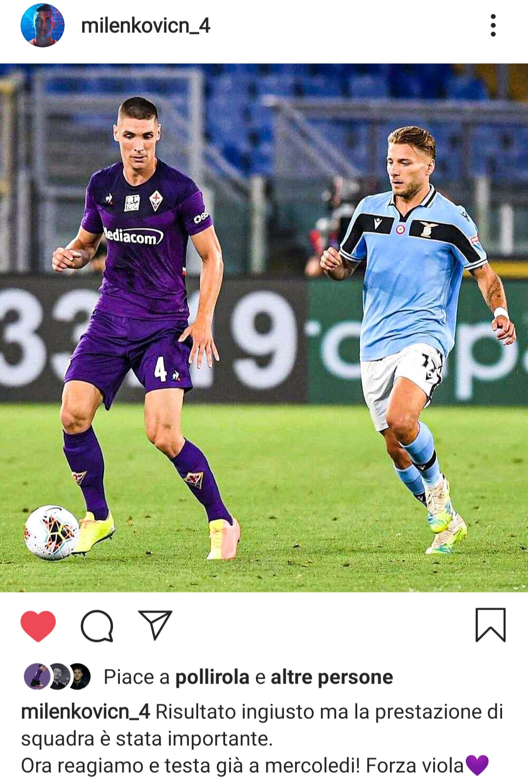 Milenkovic: "Risultato ingiusto ma la prestazione della squadra è stata importante"