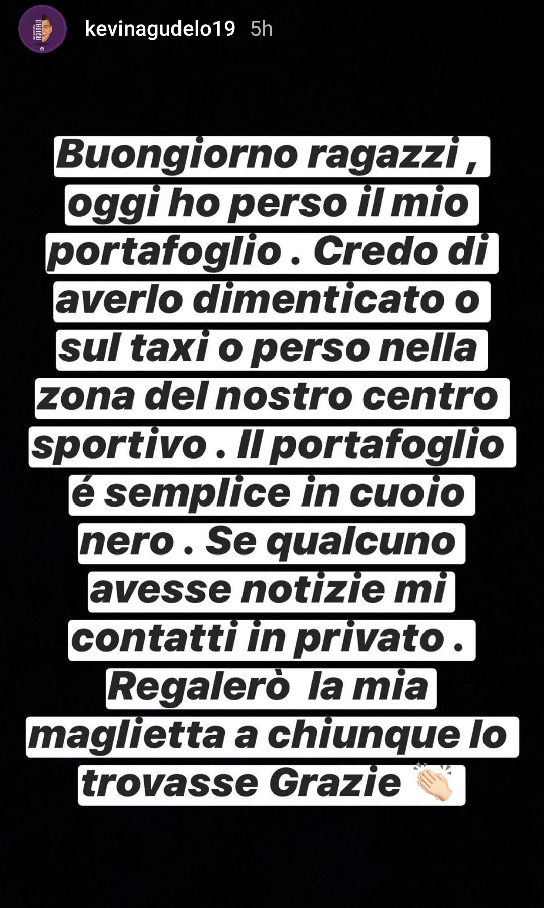 Agudelo: "Oggi ho perso il mio portafoglio. Se qualcuno avesse notizie mi contatti in privato"