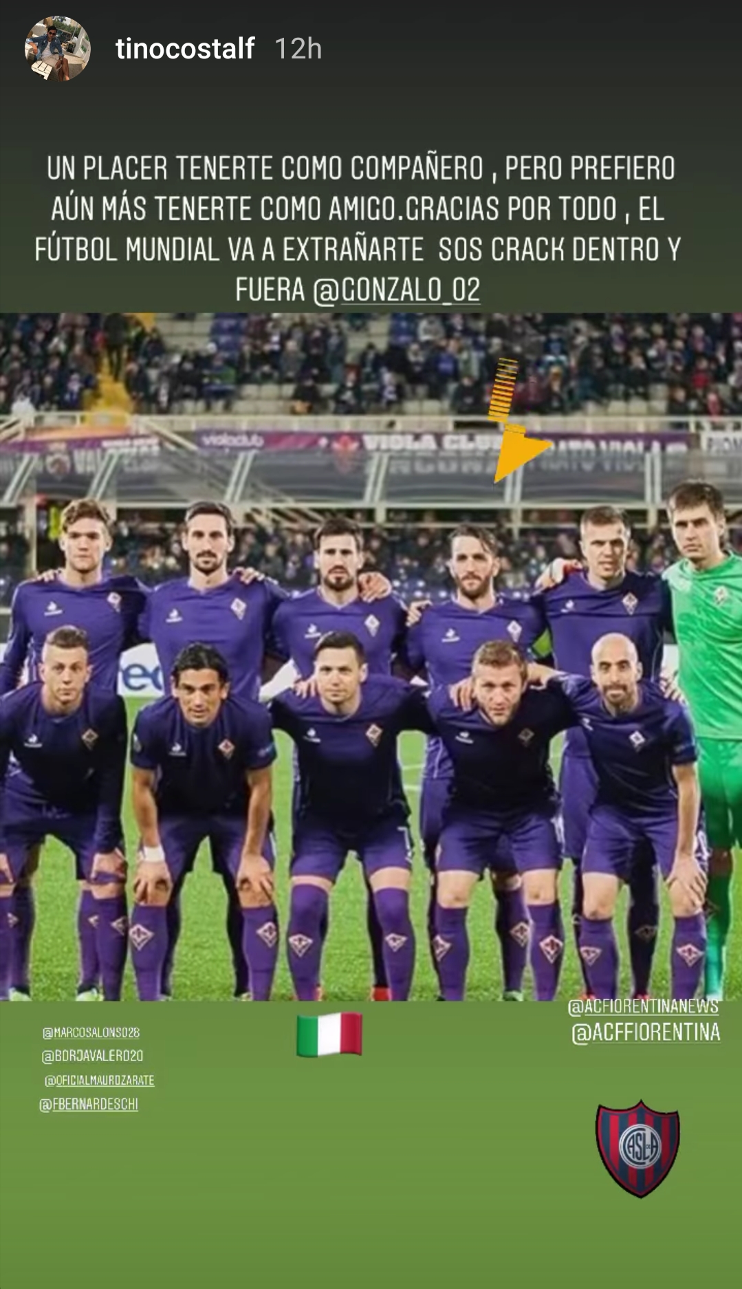 Tino Costa su Gonzalo: "Un piacere averti avuto come compagno di squadra. Sei un Crack"