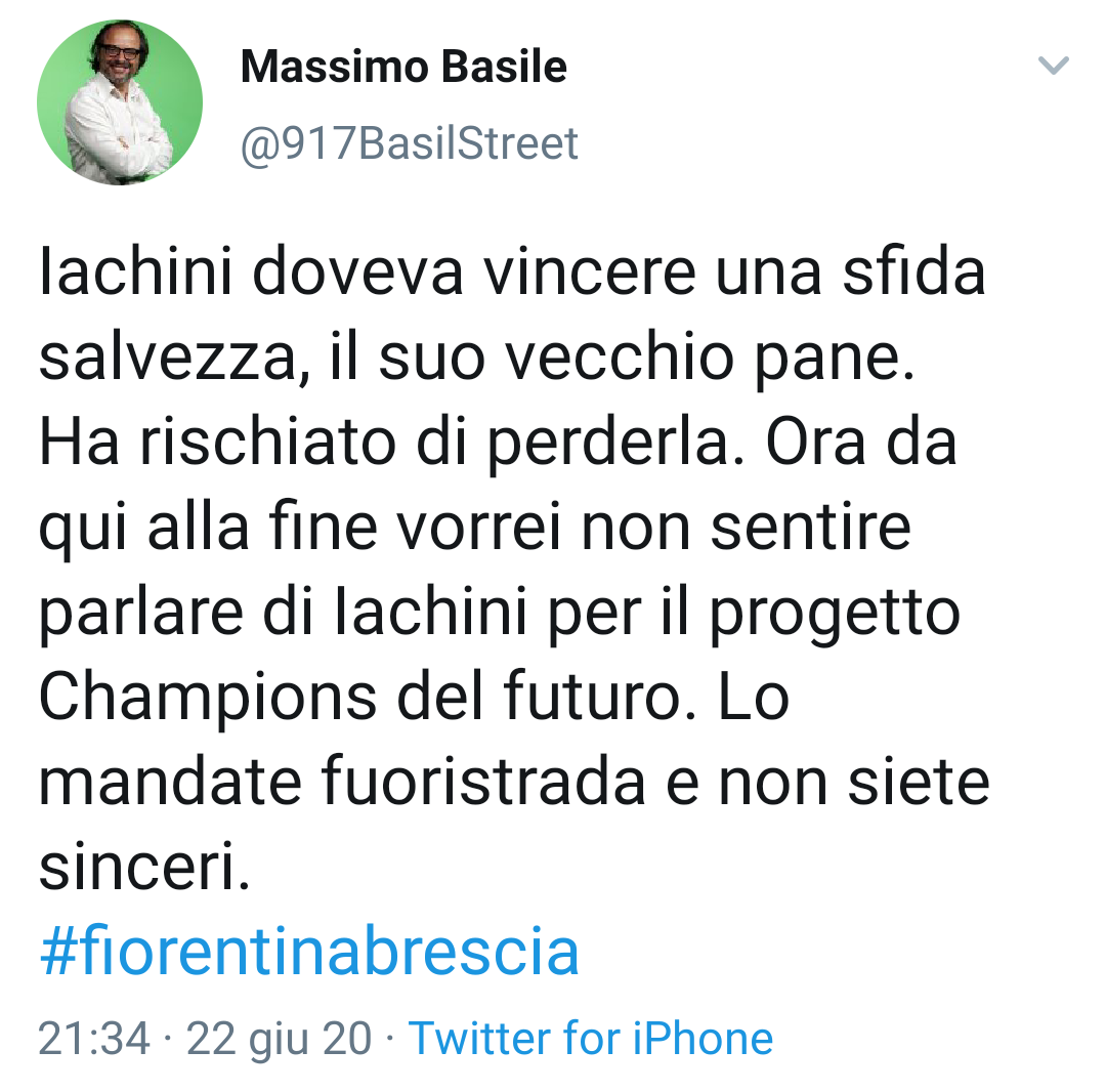 Basile: "Iachini doveva vincere una sfida salvezza, il suo vecchio pane. Ora non vorrei..."