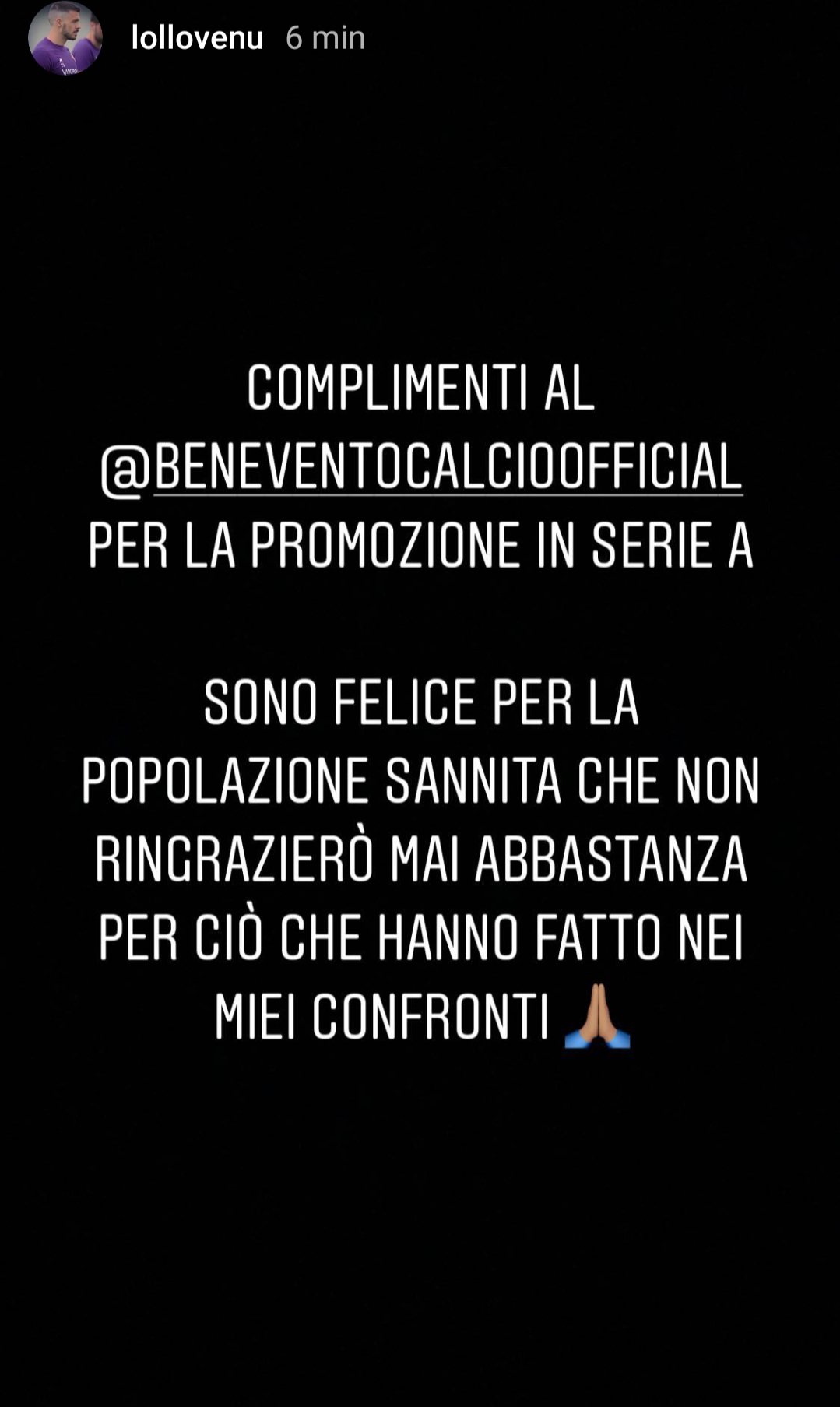Venuti: "Complimenti al Benevento per la promozione in Serie A. Sono felice per loro"