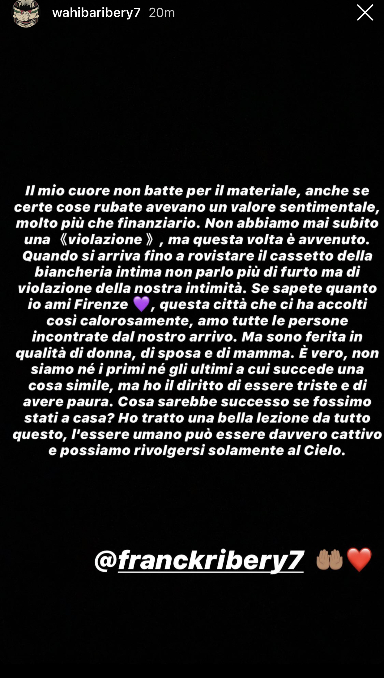 La moglie di Ribery: "Amo Firenze ma mi sento ferita ed ho paura. Mai subito un furto prima d'ora"