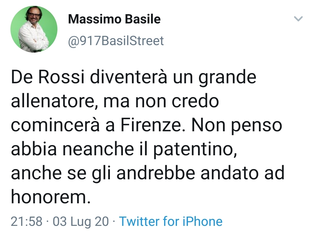 Basile: "Hanno parlato con De Rossi, gli hanno fatto la battuta sul patentino, non allenerà la Fiorentina"