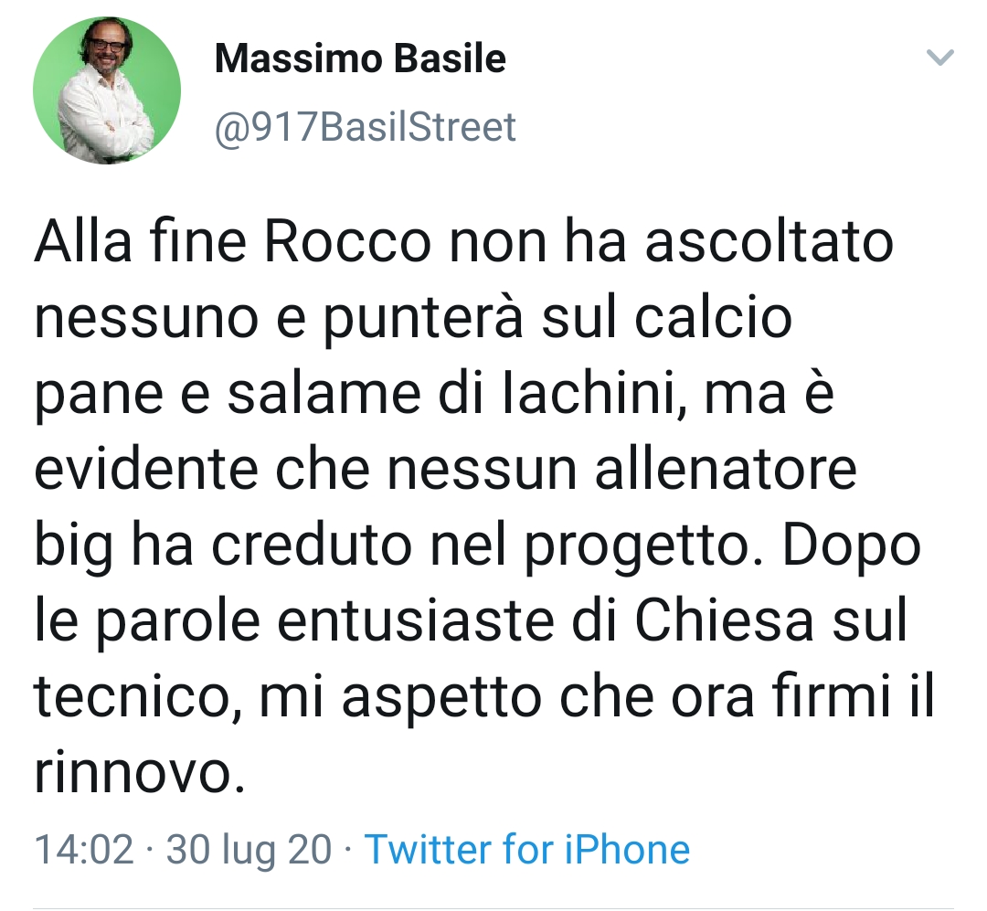 Basile: "Alla fine Rocco non ha ascoltato nessuno e punterà su Iachini"